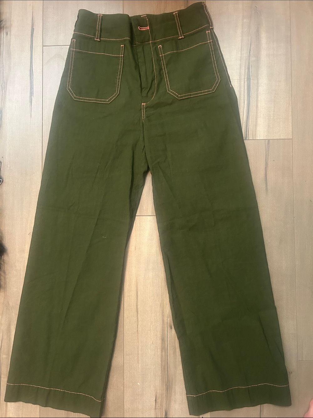Maeve Colette Olive Green cropped Pants Contrast Stitching